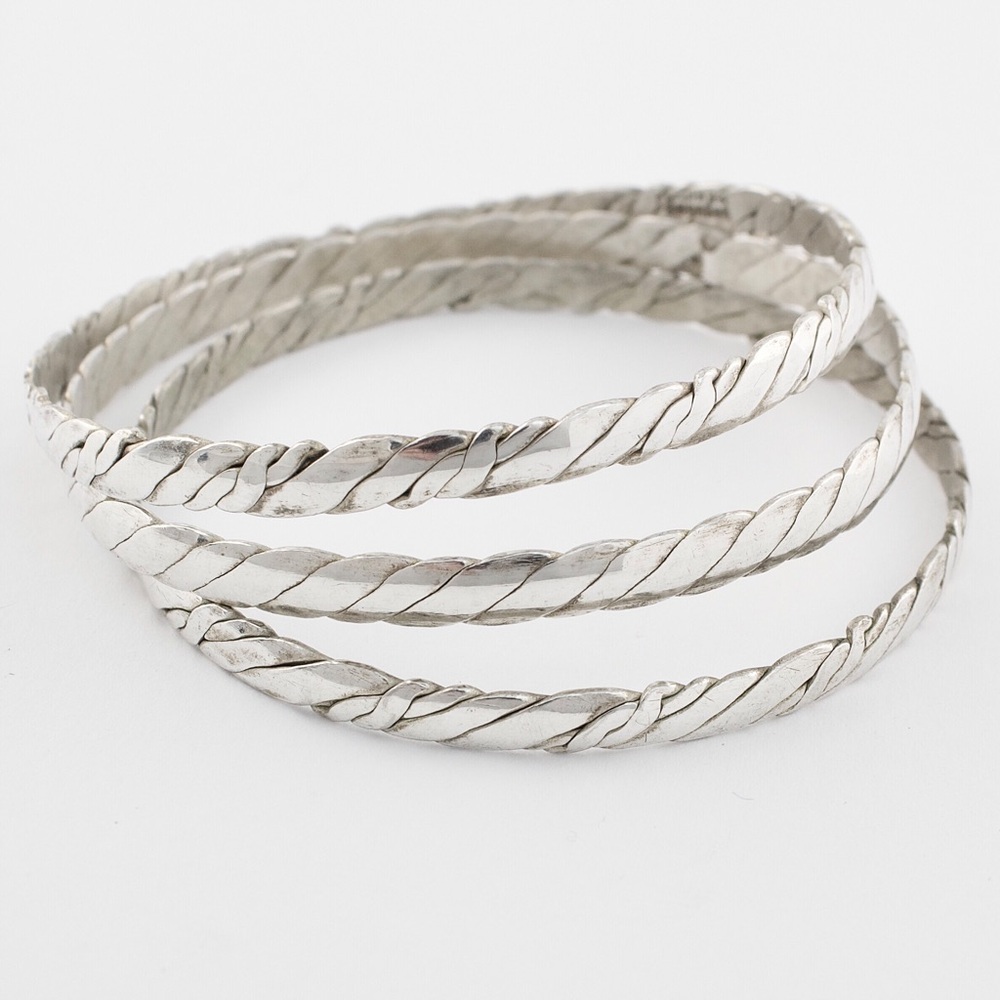 Vintage Mexican Silver Tone Bangle Bracelet Set 3 Bangles Twisted Rope Cable